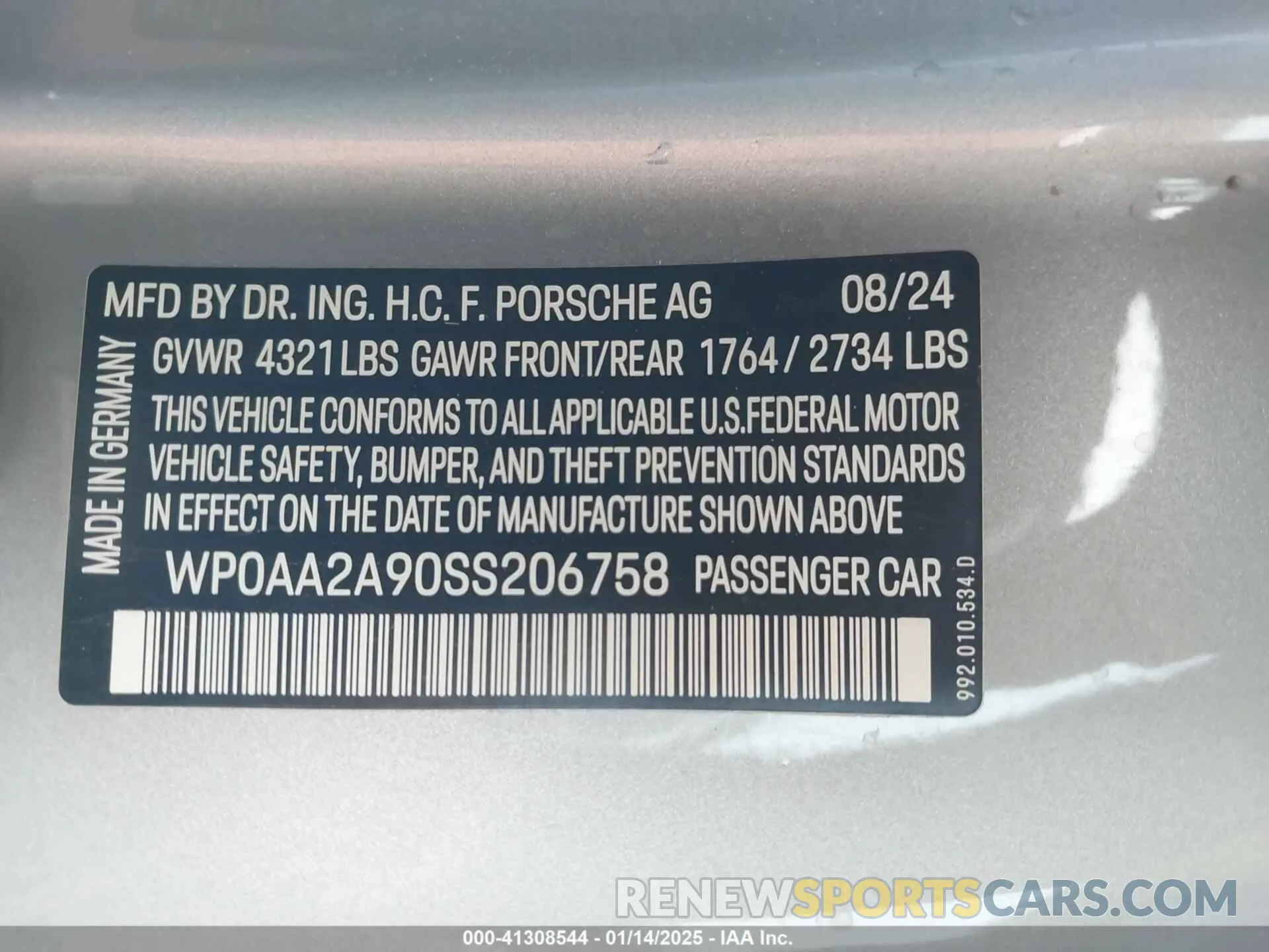 9 Photograph of a damaged car WP0AA2A90SS206758 PORSCHE 911 2025