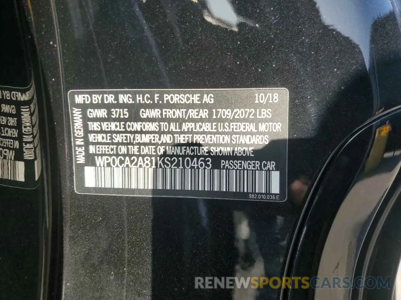 13 Photograph of a damaged car WP0CA2A81KS210463 PORSCHE BOXSTER 2019
