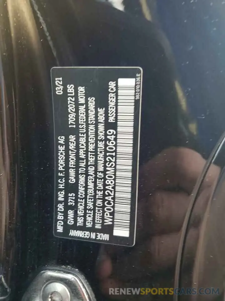 13 Photograph of a damaged car WP0CA2A80MS210649 PORSCHE BOXSTER 2021