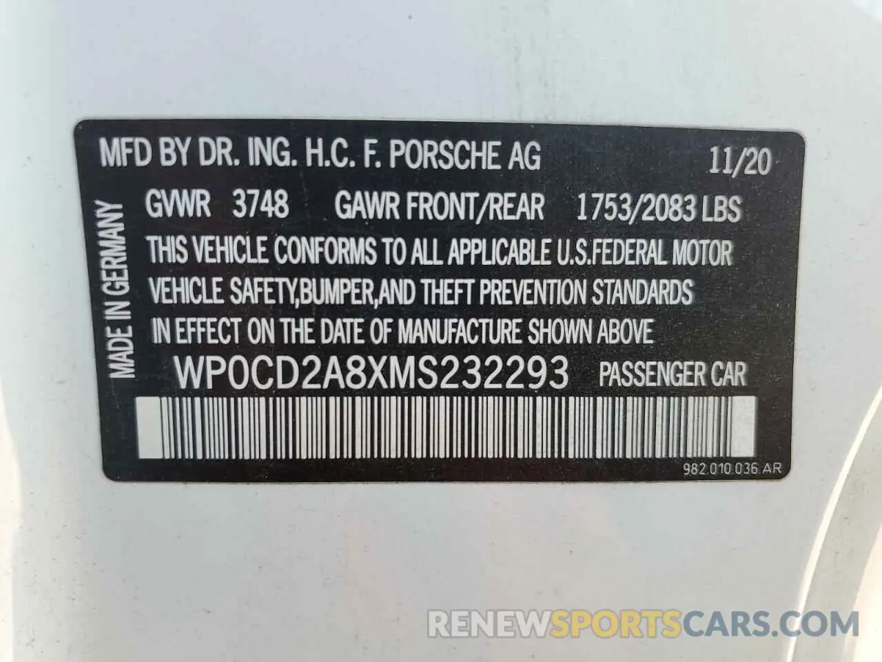 12 Photograph of a damaged car WP0CD2A8XMS232293 PORSCHE BOXSTER 2021