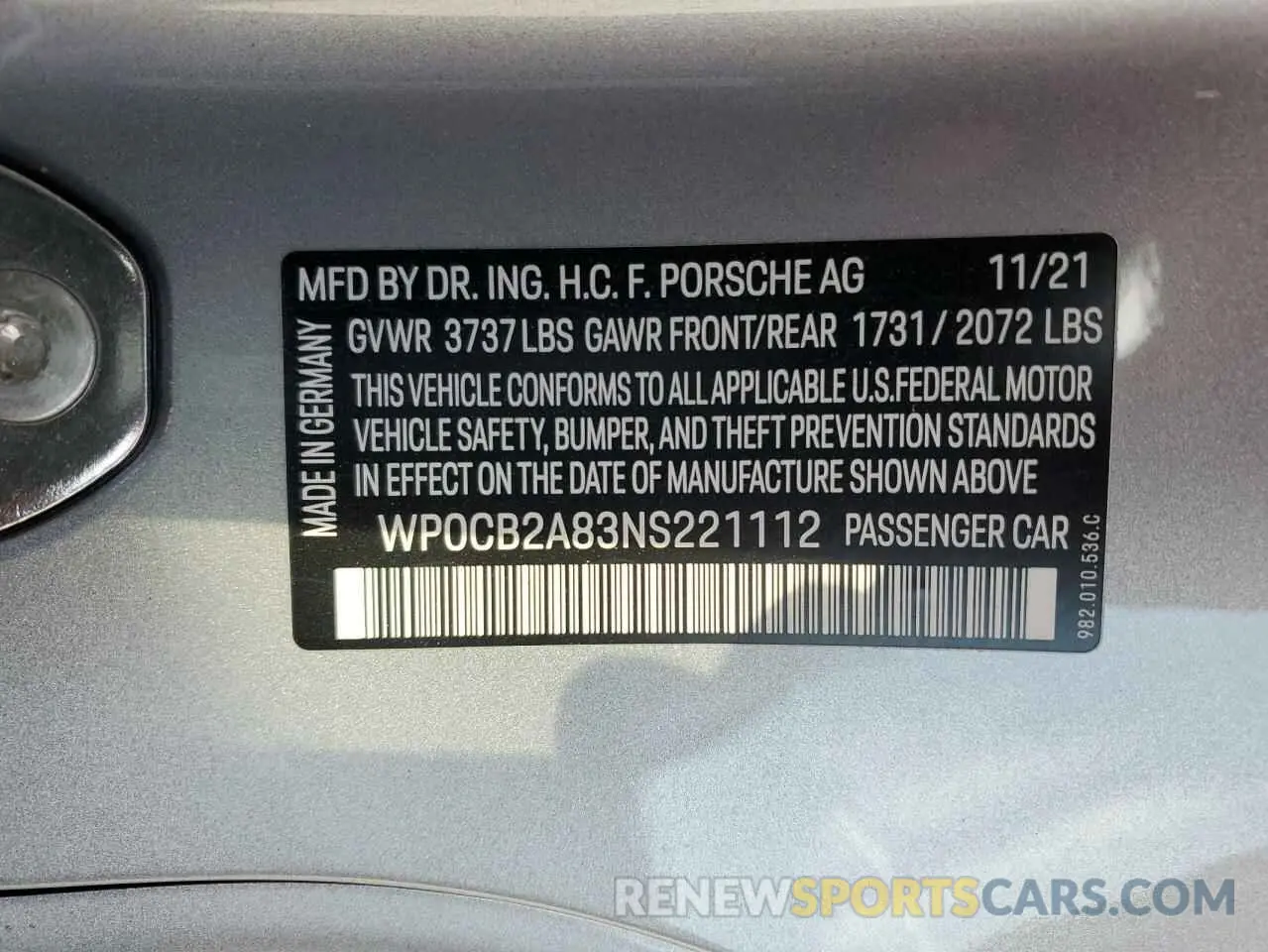 13 Photograph of a damaged car WP0CB2A83NS221112 PORSCHE BOXSTER 2022