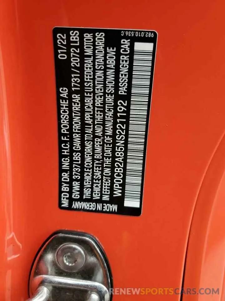 13 Photograph of a damaged car WP0CB2A85NS221192 PORSCHE BOXSTER 2022