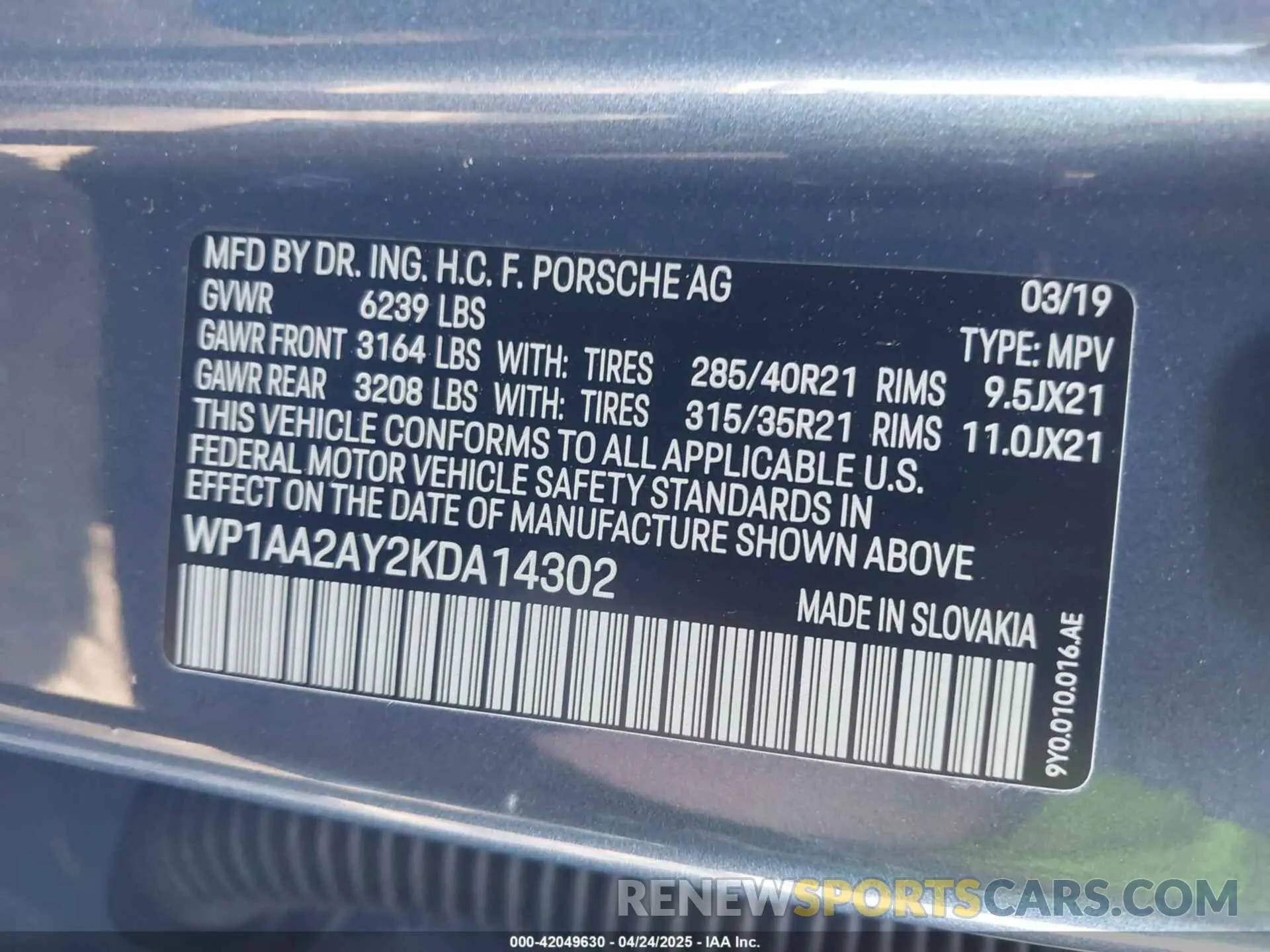 9 Photograph of a damaged car WP1AA2AY2KDA14302 PORSCHE CAYENNE 2019