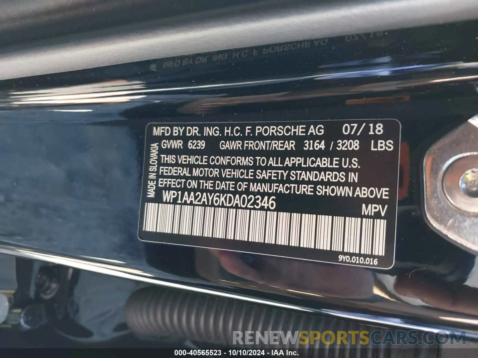 9 Photograph of a damaged car WP1AA2AY6KDA02346 PORSCHE CAYENNE 2019