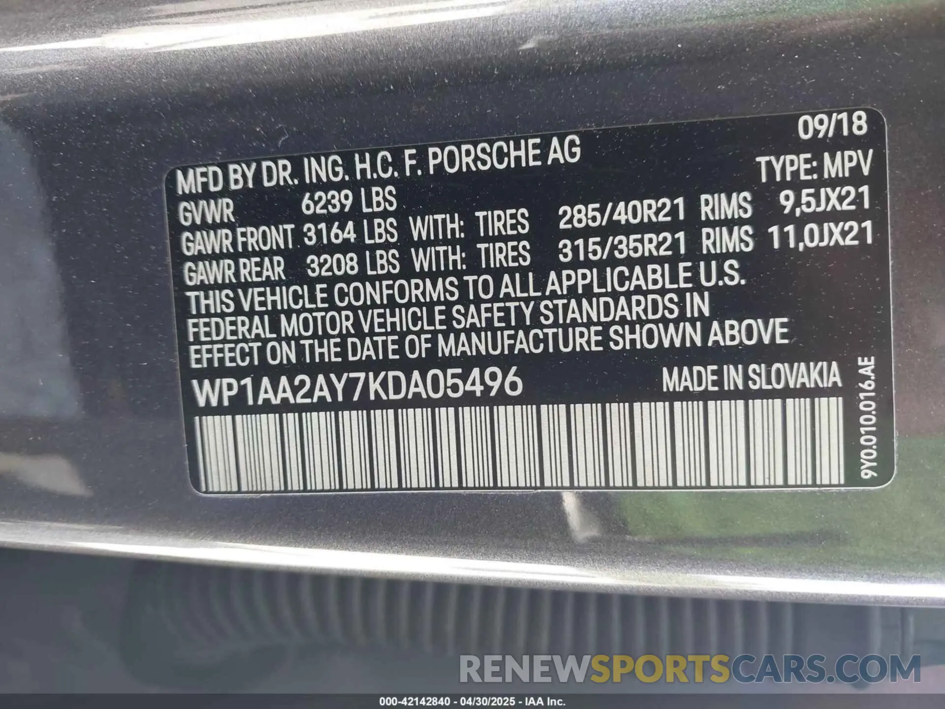 9 Photograph of a damaged car WP1AA2AY7KDA05496 PORSCHE CAYENNE 2019