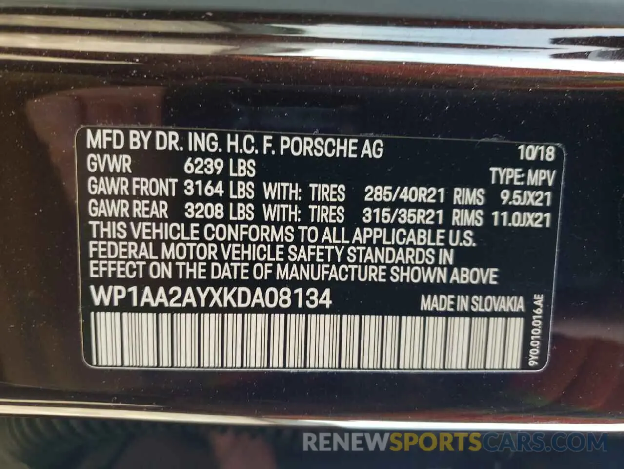 13 Photograph of a damaged car WP1AA2AYXKDA08134 PORSCHE CAYENNE 2019