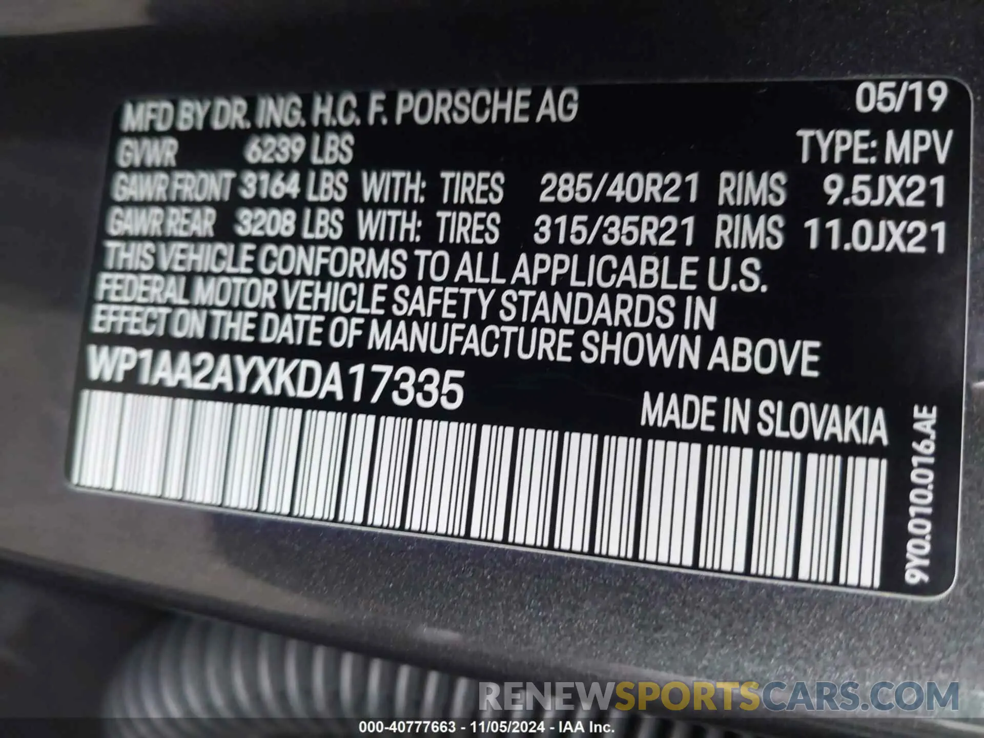 9 Photograph of a damaged car WP1AA2AYXKDA17335 PORSCHE CAYENNE 2019
