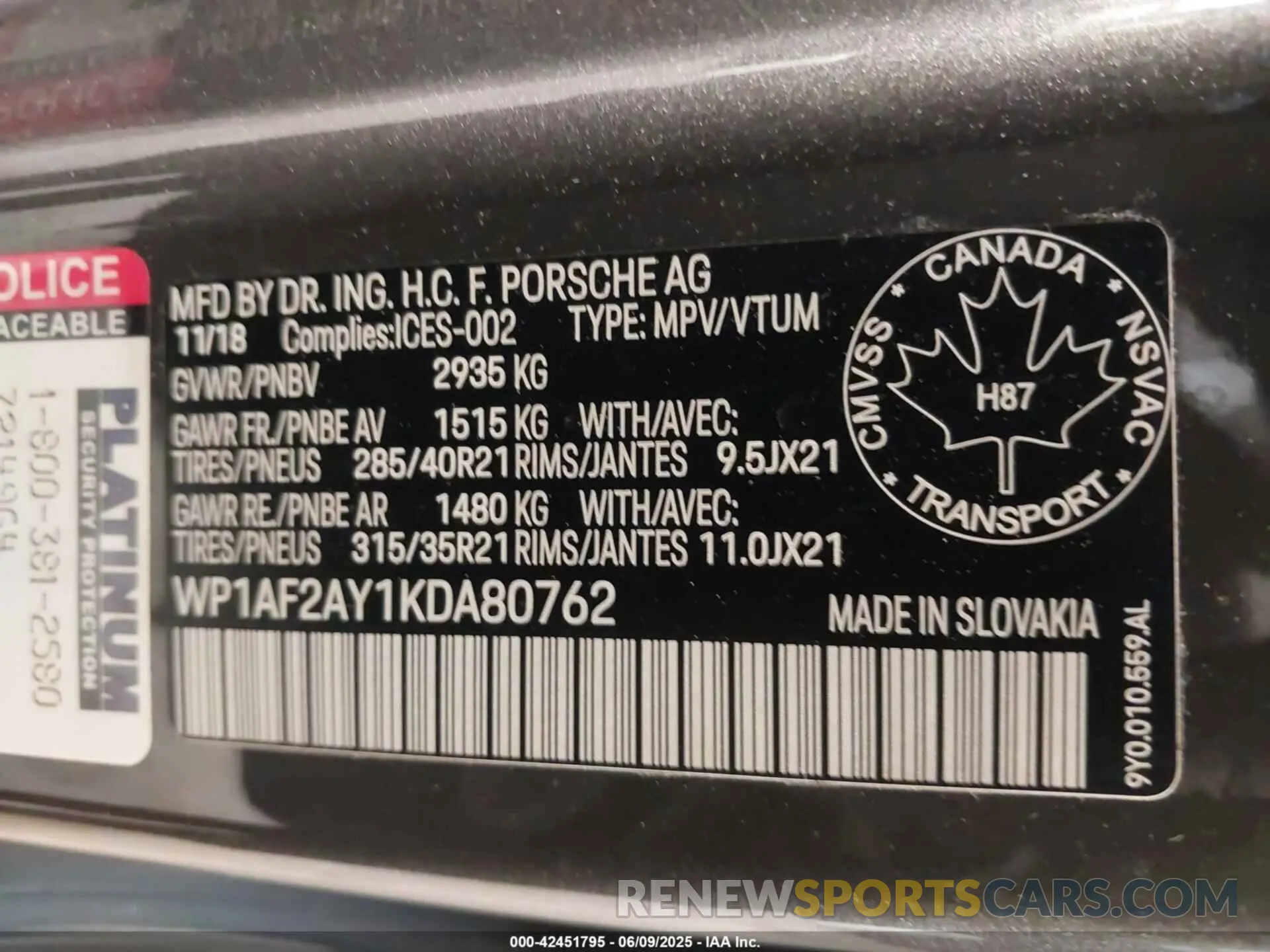 9 Photograph of a damaged car WP1AF2AY1KDA80762 PORSCHE CAYENNE 2019