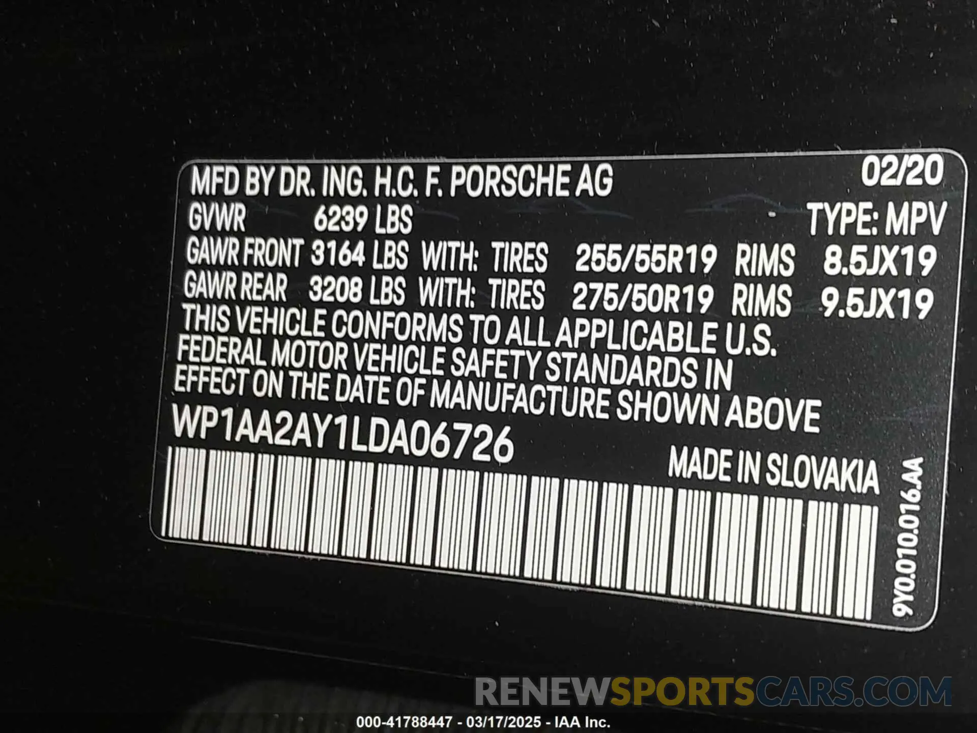9 Photograph of a damaged car WP1AA2AY1LDA06726 PORSCHE CAYENNE 2020
