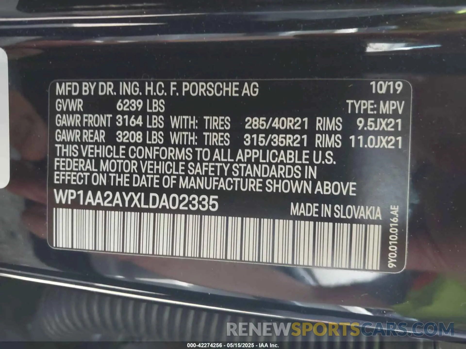 9 Photograph of a damaged car WP1AA2AYXLDA02335 PORSCHE CAYENNE 2020