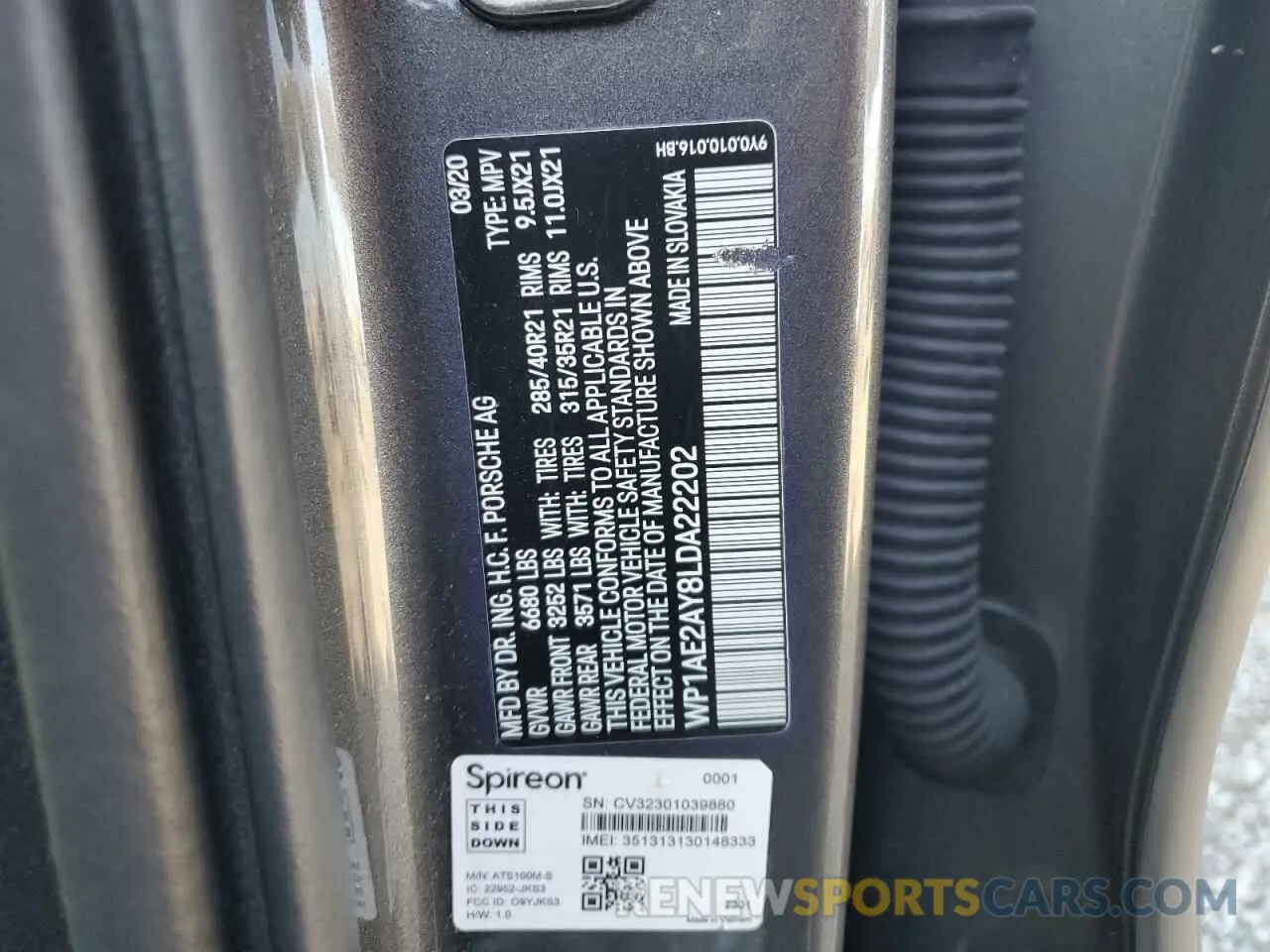 13 Photograph of a damaged car WP1AE2AY8LDA22202 PORSCHE CAYENNE 2020