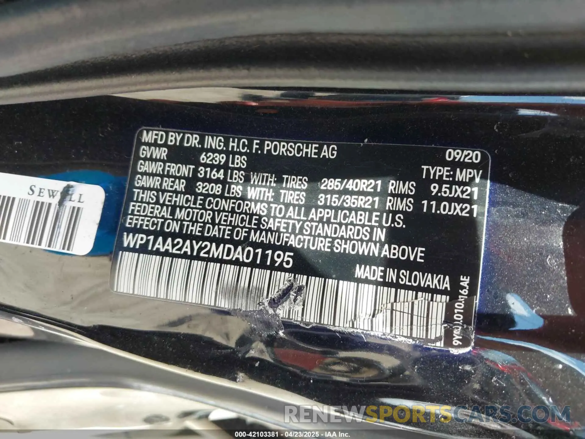 9 Photograph of a damaged car WP1AA2AY2MDA01195 PORSCHE CAYENNE 2021