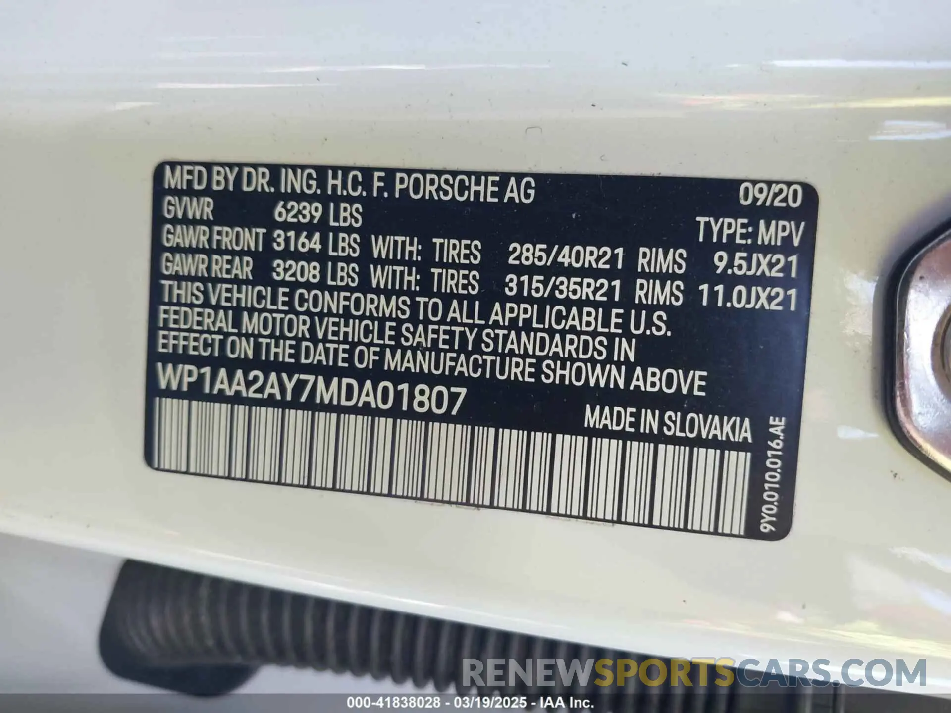 9 Photograph of a damaged car WP1AA2AY7MDA01807 PORSCHE CAYENNE 2021