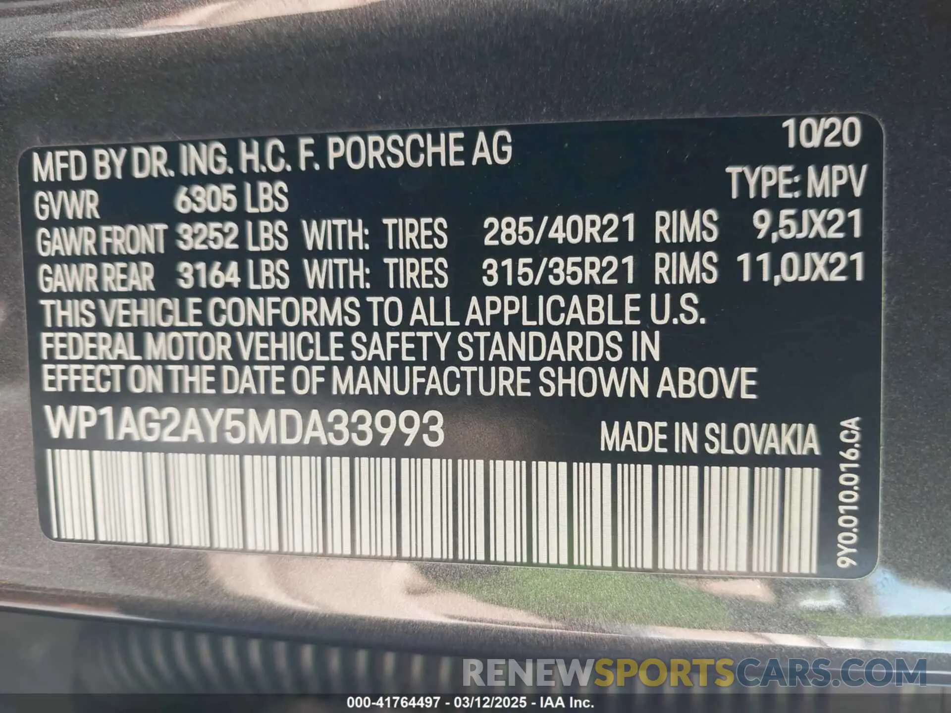 9 Photograph of a damaged car WP1AG2AY5MDA33993 PORSCHE CAYENNE 2021
