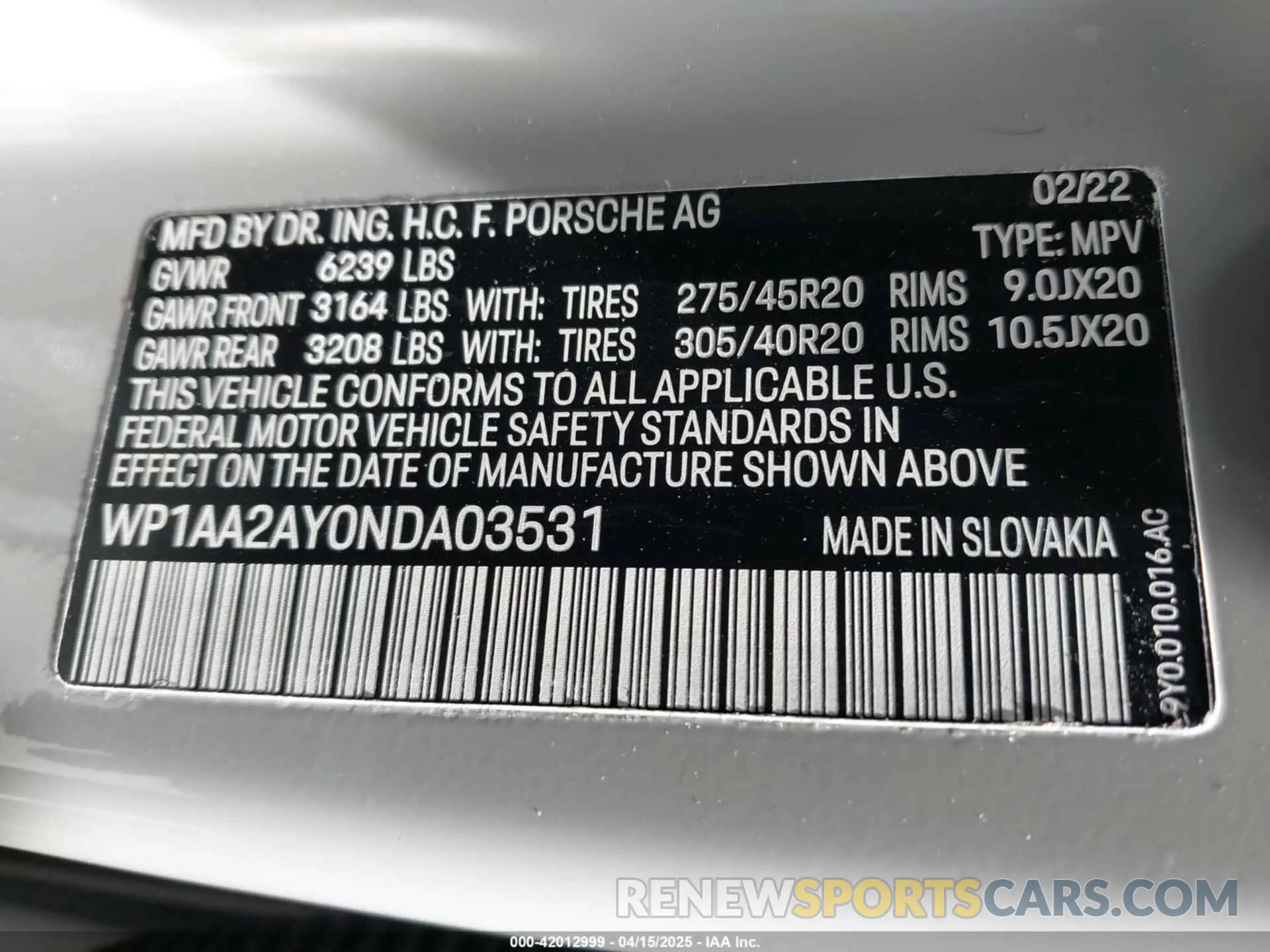 9 Photograph of a damaged car WP1AA2AY0NDA03531 PORSCHE CAYENNE 2022