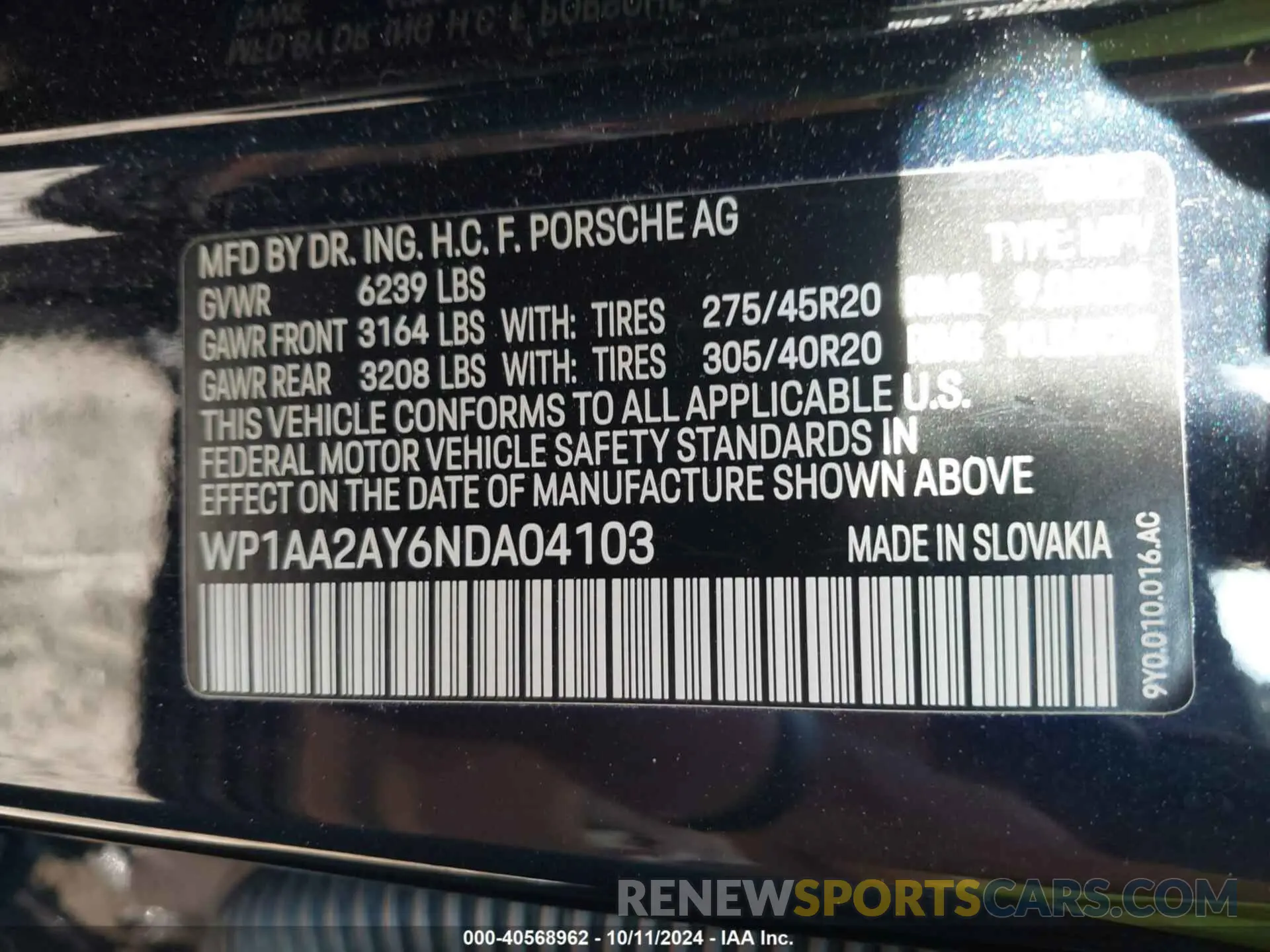 9 Photograph of a damaged car WP1AA2AY6NDA04103 PORSCHE CAYENNE 2022