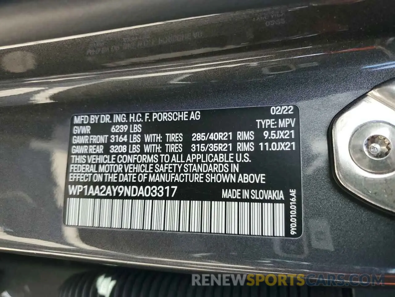 13 Photograph of a damaged car WP1AA2AY9NDA03317 PORSCHE CAYENNE 2022