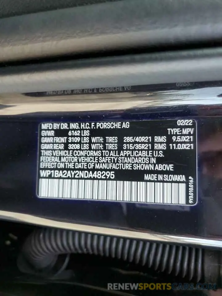 13 Photograph of a damaged car WP1BA2AY2NDA48295 PORSCHE CAYENNE 2022