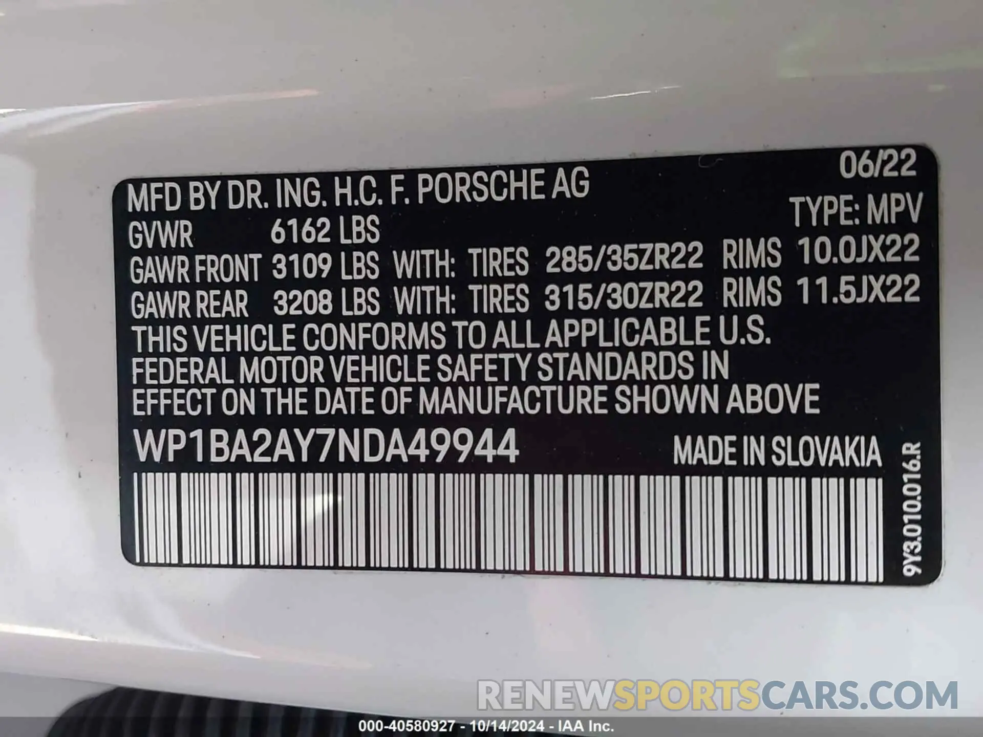 9 Photograph of a damaged car WP1BA2AY7NDA49944 PORSCHE CAYENNE COUPE 2022
