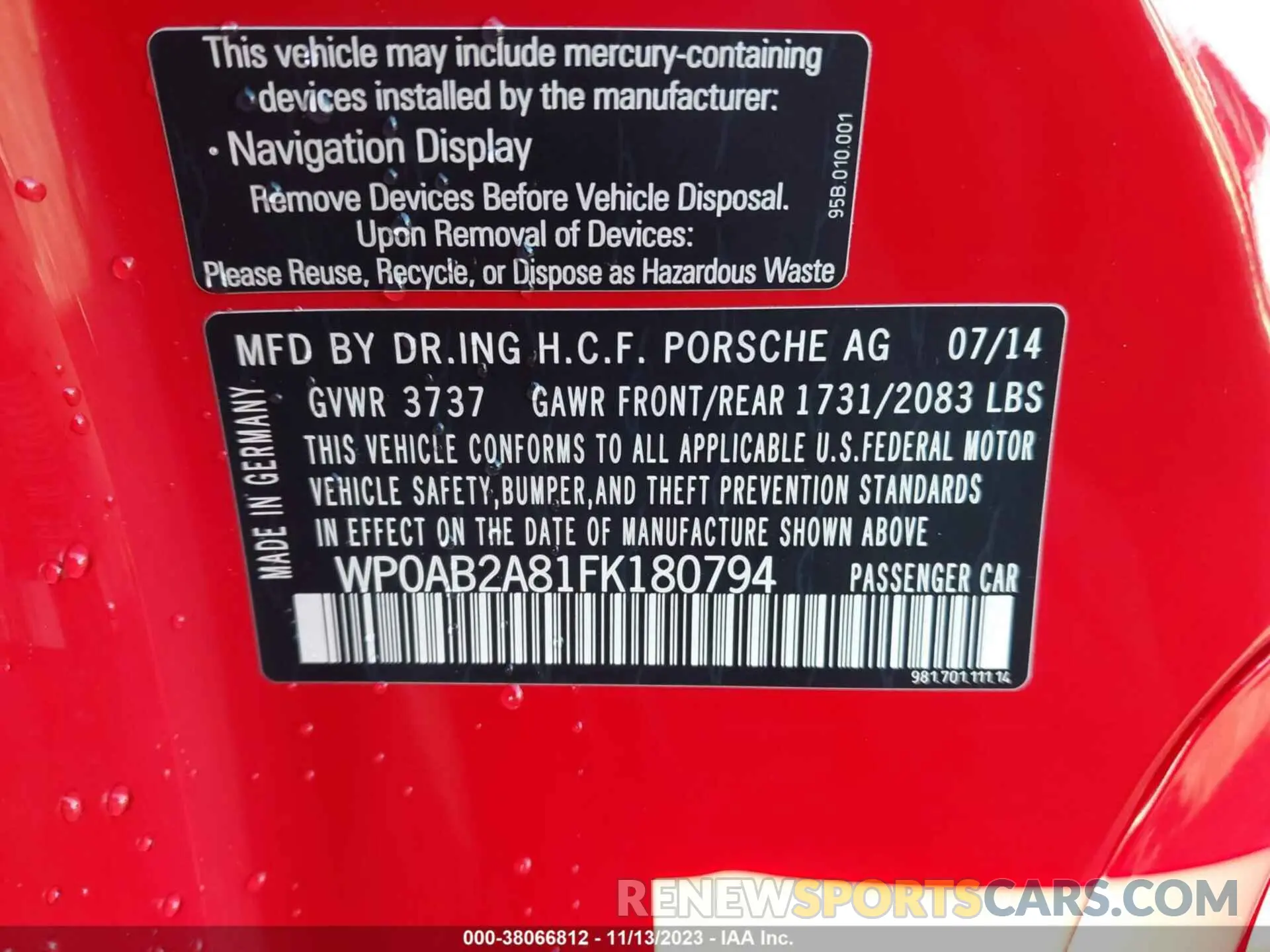 9 Photograph of a damaged car WP0AB2A81FK180794 PORSCHE CAYMAN 2015