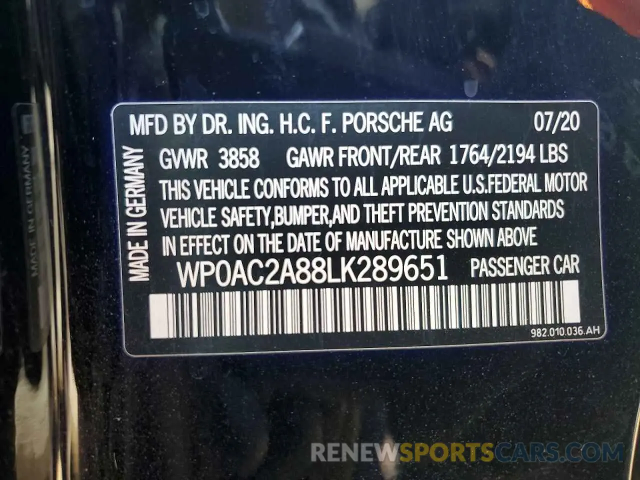 12 Photograph of a damaged car WP0AC2A88LK289651 PORSCHE CAYMAN 2020