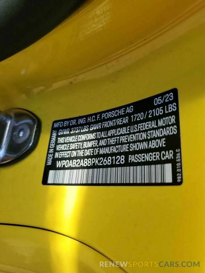 12 Photograph of a damaged car WP0AB2A88PK268128 PORSCHE CAYMAN 2023
