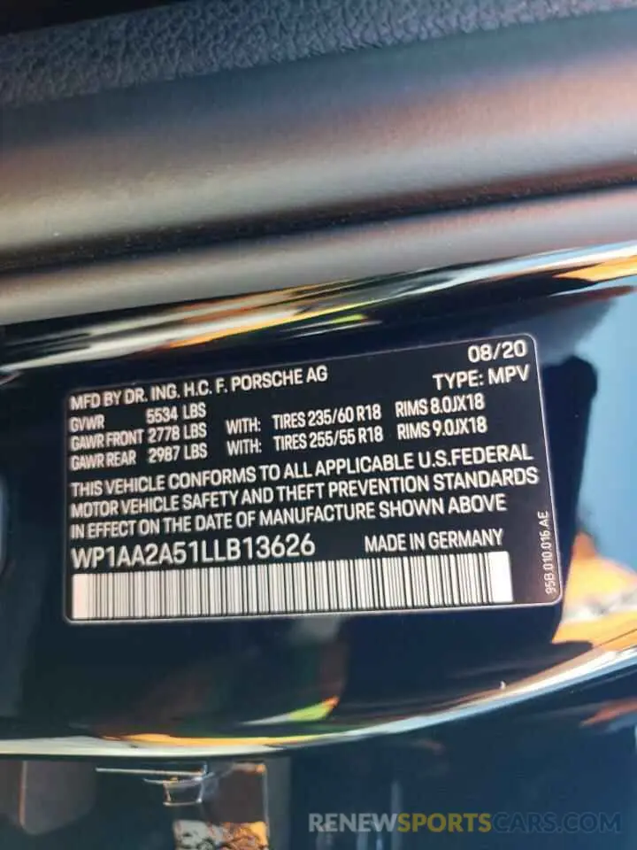 13 Photograph of a damaged car WP1AA2A51LLB13626 PORSCHE MACAN 2020