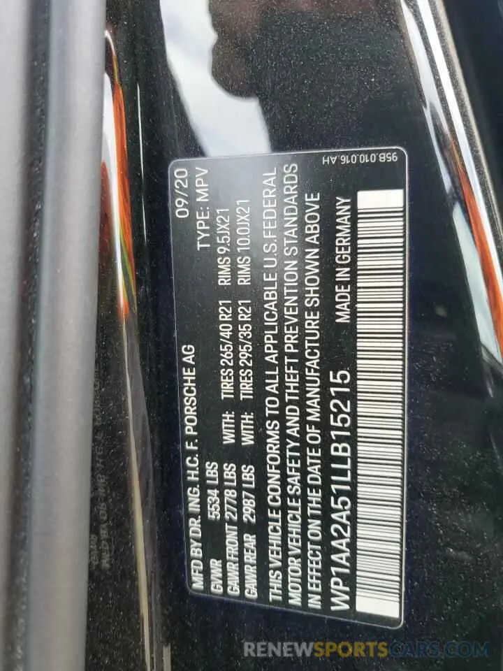 13 Photograph of a damaged car WP1AA2A51LLB15215 PORSCHE MACAN 2020