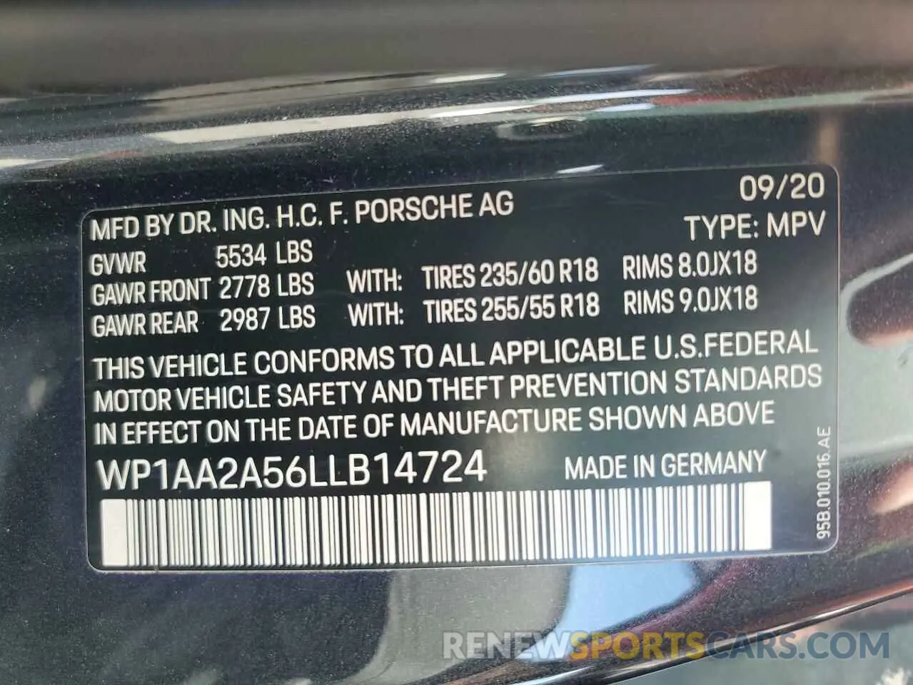 13 Photograph of a damaged car WP1AA2A56LLB14724 PORSCHE MACAN 2020