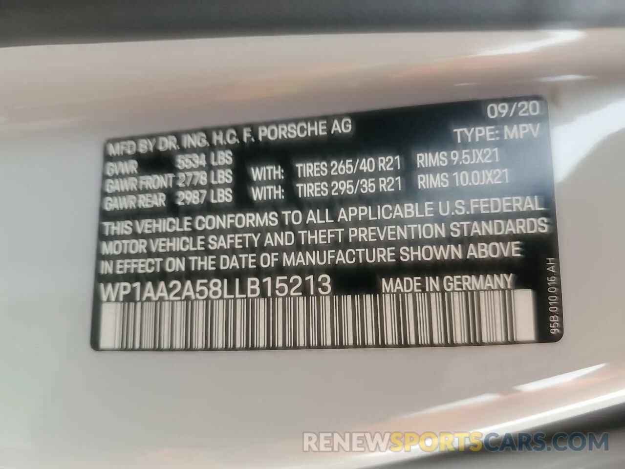 13 Photograph of a damaged car WP1AA2A58LLB15213 PORSCHE MACAN 2020