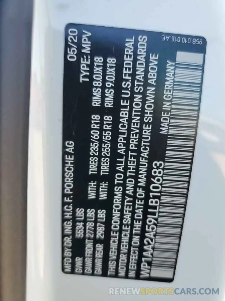 13 Photograph of a damaged car WP1AA2A59LLB10683 PORSCHE MACAN 2020