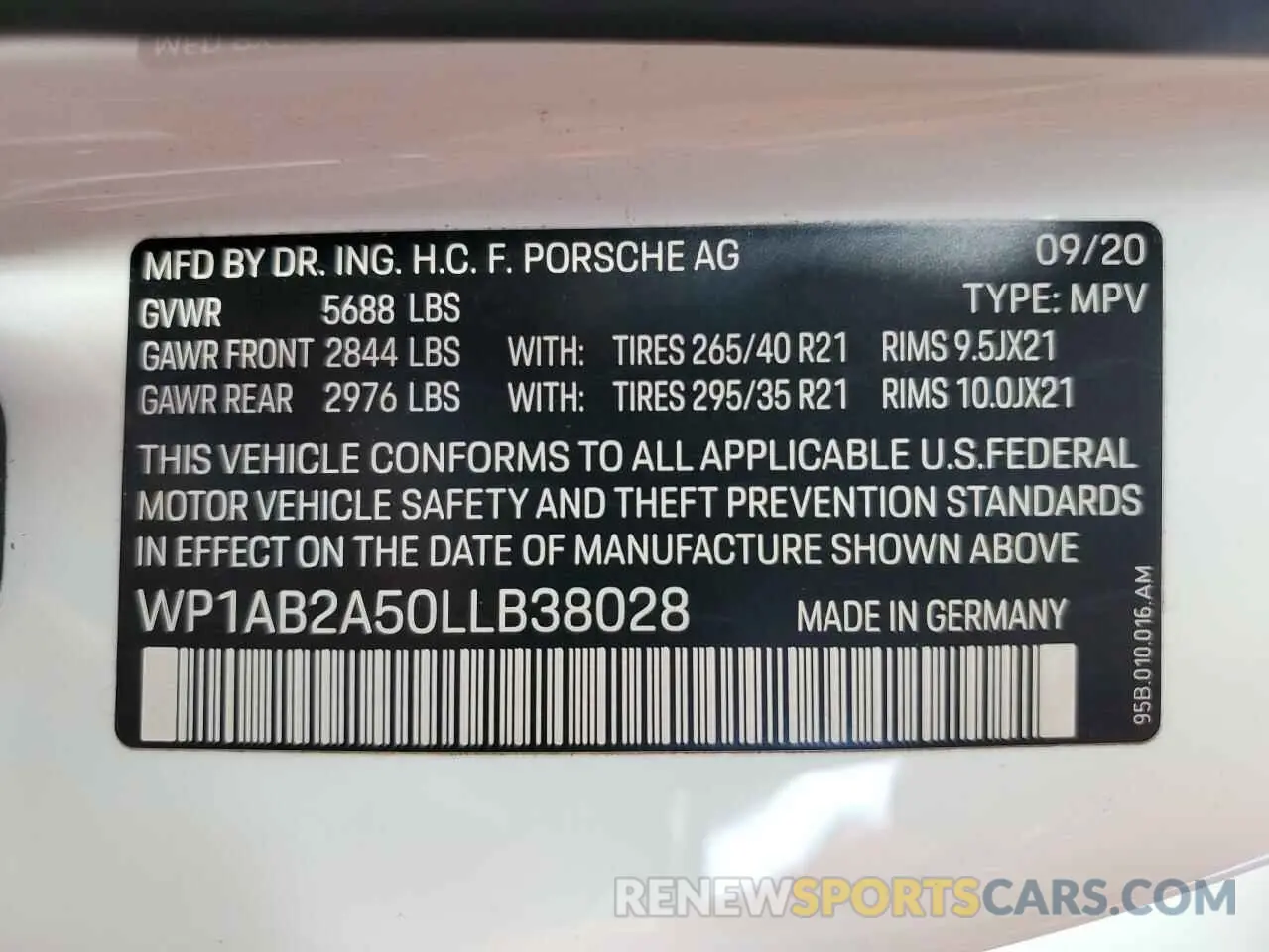 14 Photograph of a damaged car WP1AB2A50LLB38028 PORSCHE MACAN 2020
