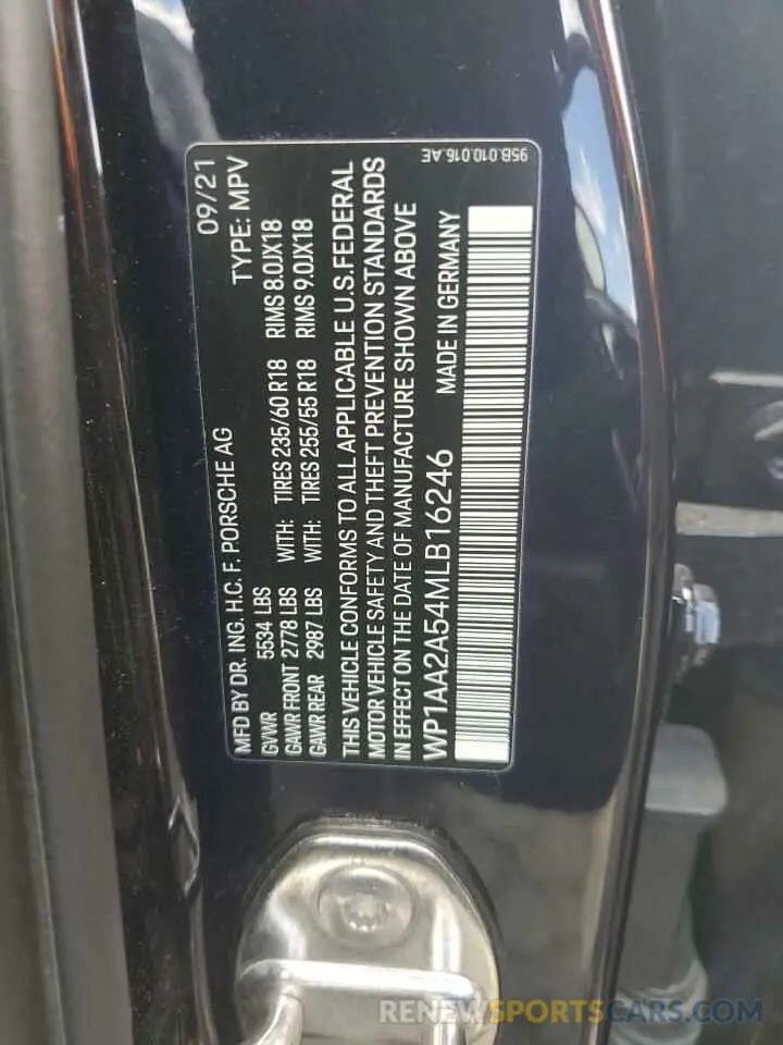 12 Photograph of a damaged car WP1AA2A54MLB16246 PORSCHE MACAN 2021
