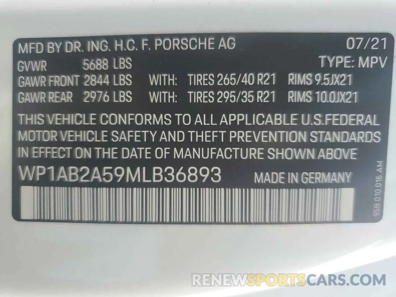 13 Photograph of a damaged car WP1AB2A59MLB36893 PORSCHE MACAN 2021