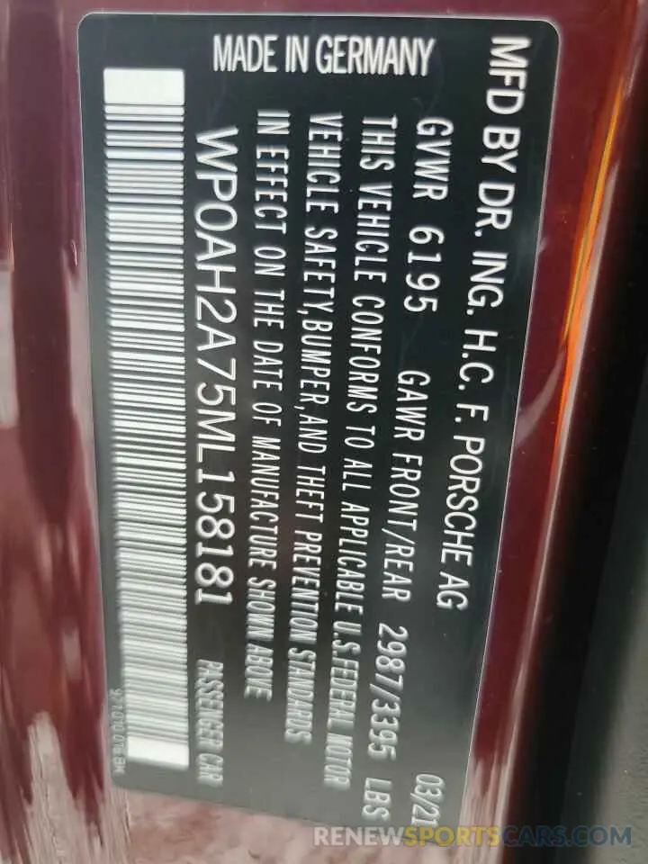 12 Photograph of a damaged car WP0AH2A75ML158181 PORSCHE PANAMERA 2021