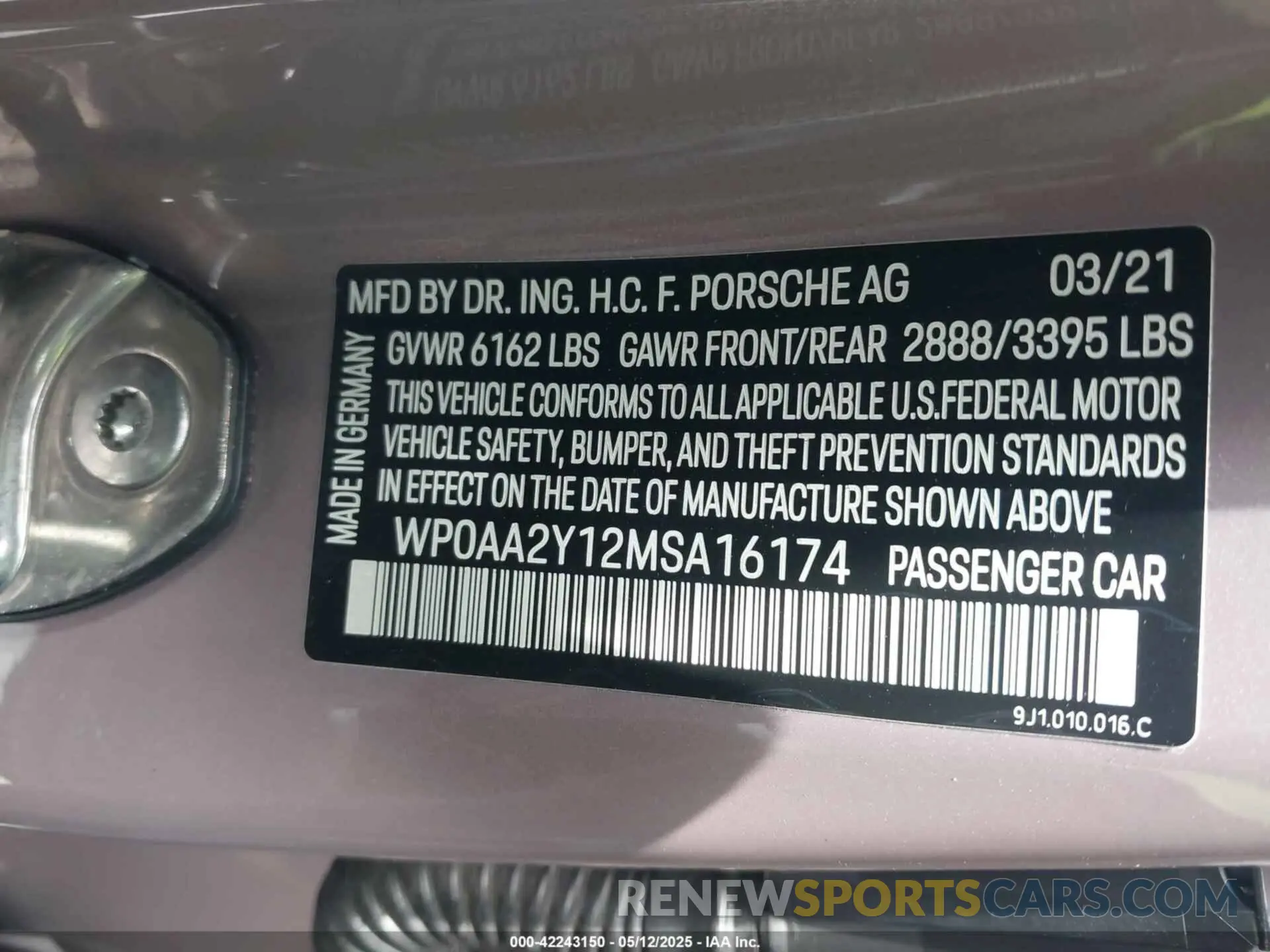 9 Photograph of a damaged car WP0AA2Y12MSA16174 PORSCHE TAYCAN 2021