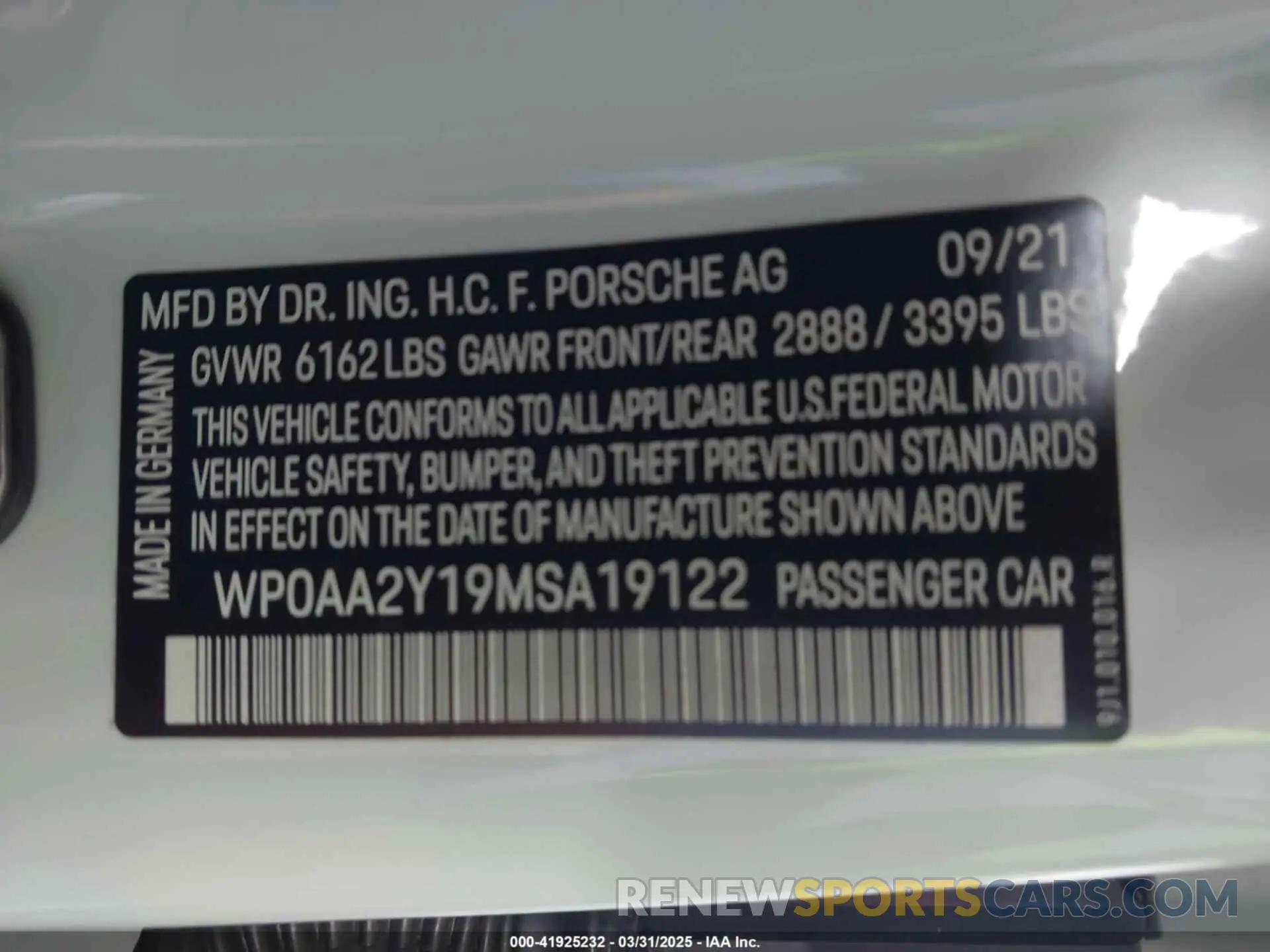 9 Photograph of a damaged car WP0AA2Y19MSA19122 PORSCHE TAYCAN 2021