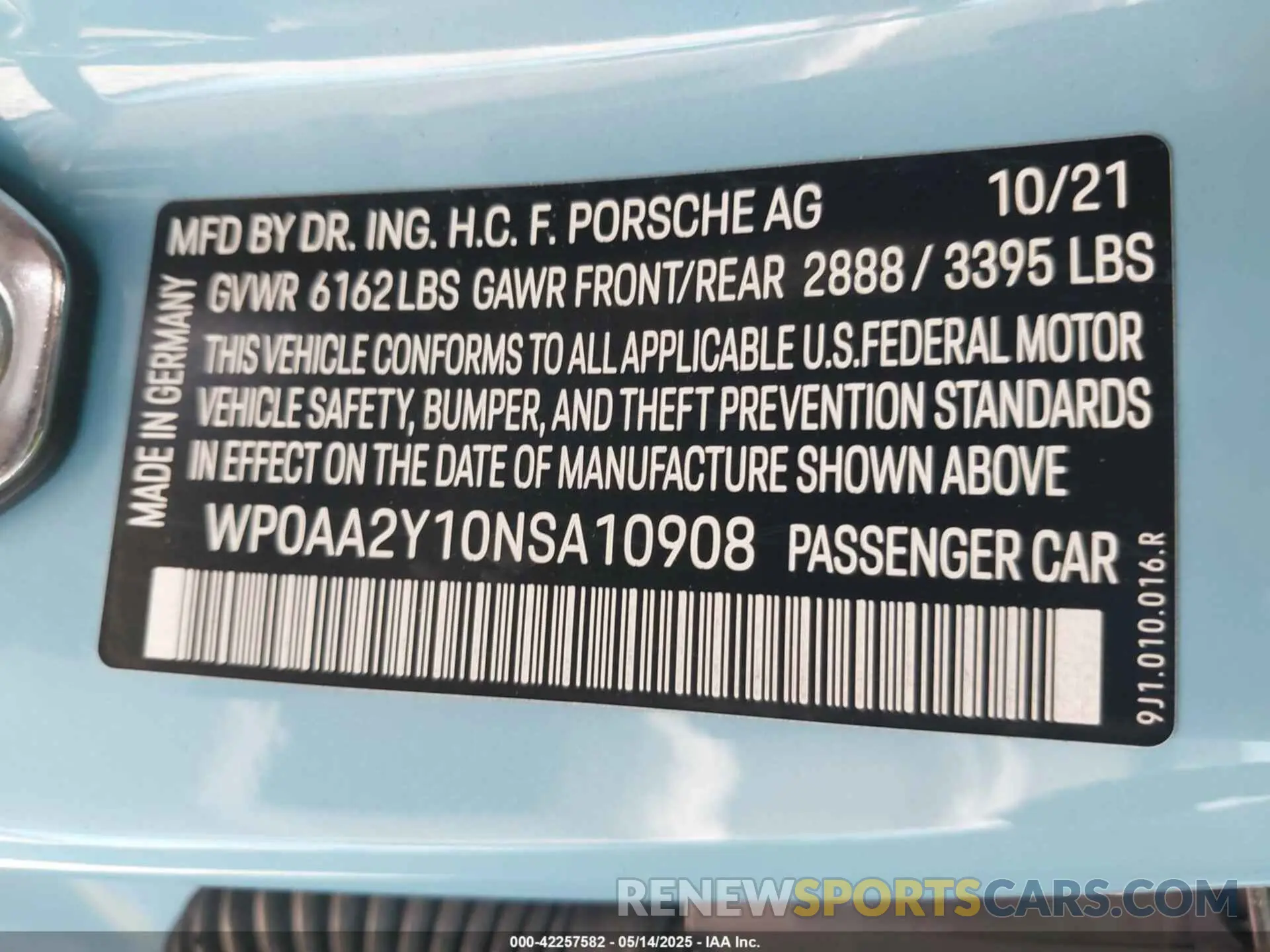 9 Photograph of a damaged car WP0AA2Y10NSA10908 PORSCHE TAYCAN 2022