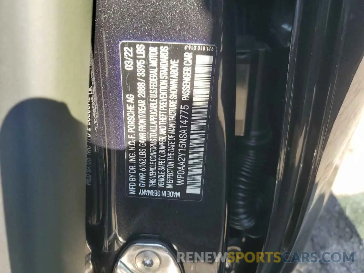 13 Photograph of a damaged car WP0AA2Y15NSA14775 PORSCHE TAYCAN 2022