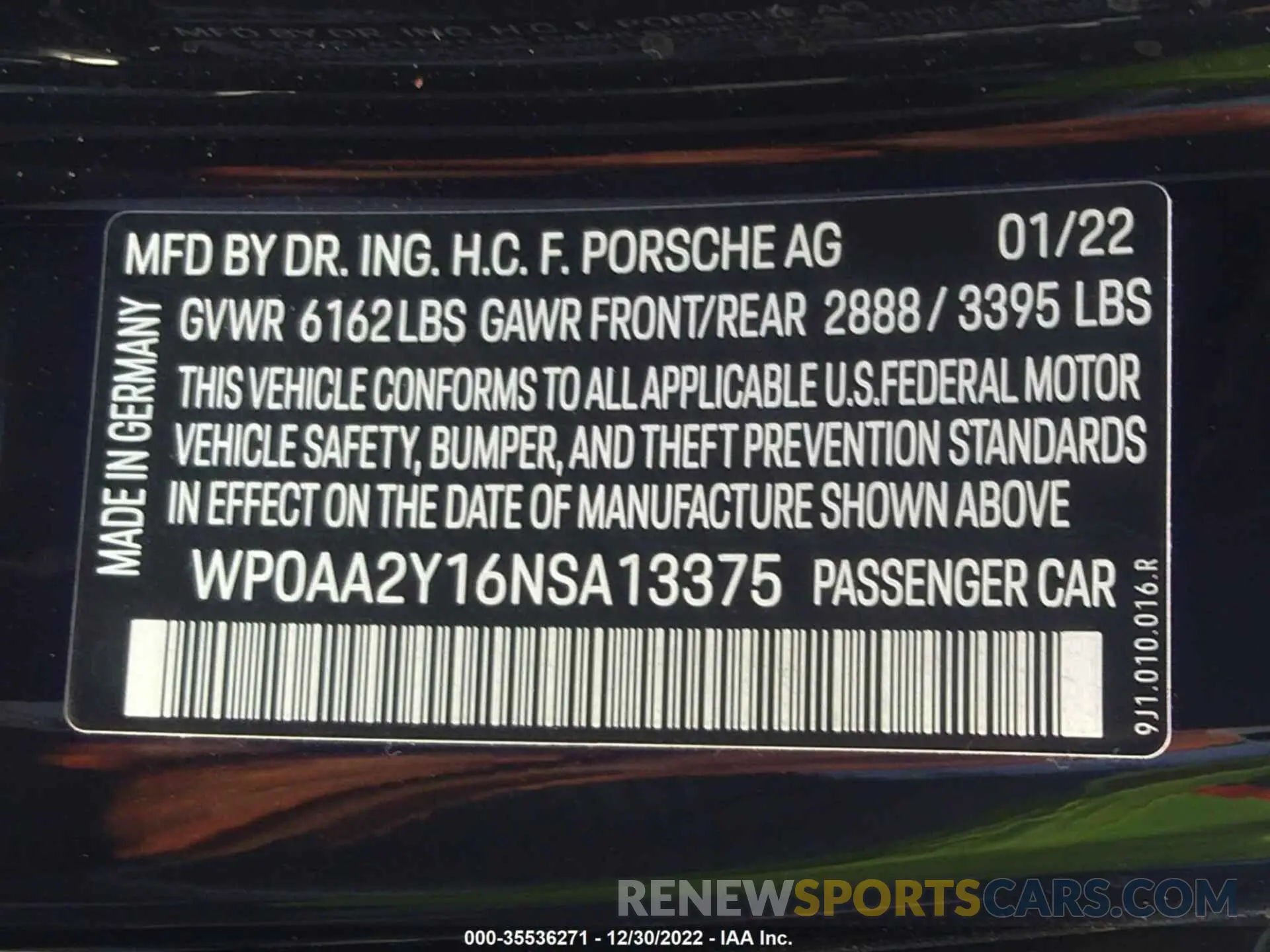 9 Photograph of a damaged car WP0AA2Y16NSA13375 PORSCHE TAYCAN 2022