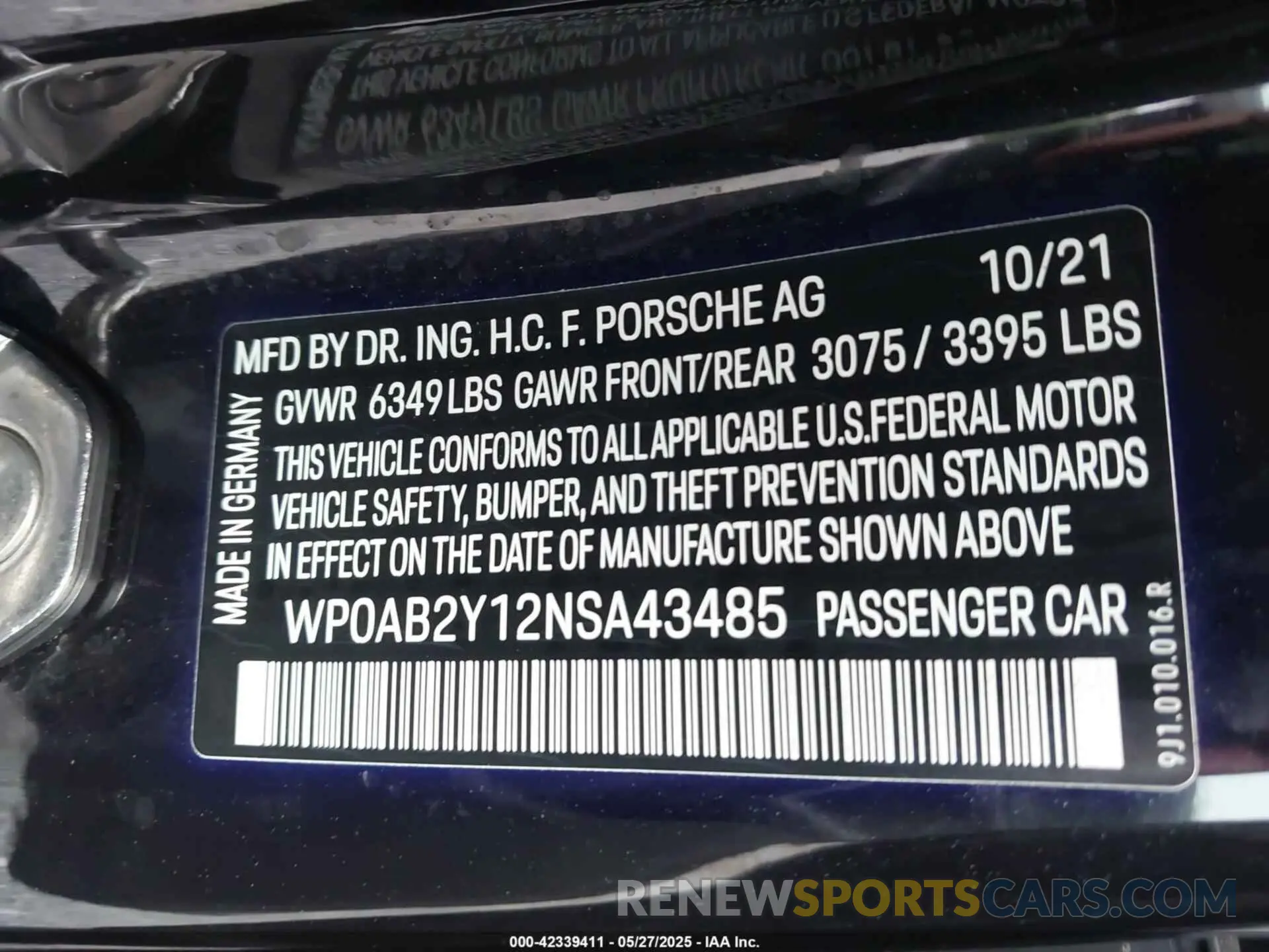 9 Photograph of a damaged car WP0AB2Y12NSA43485 PORSCHE TAYCAN 2022