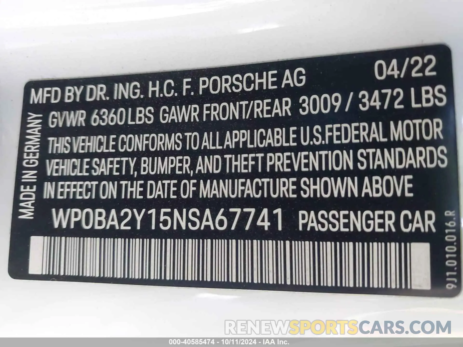 9 Photograph of a damaged car WP0BA2Y15NSA67741 PORSCHE TAYCAN CROSS TURISMO 2022