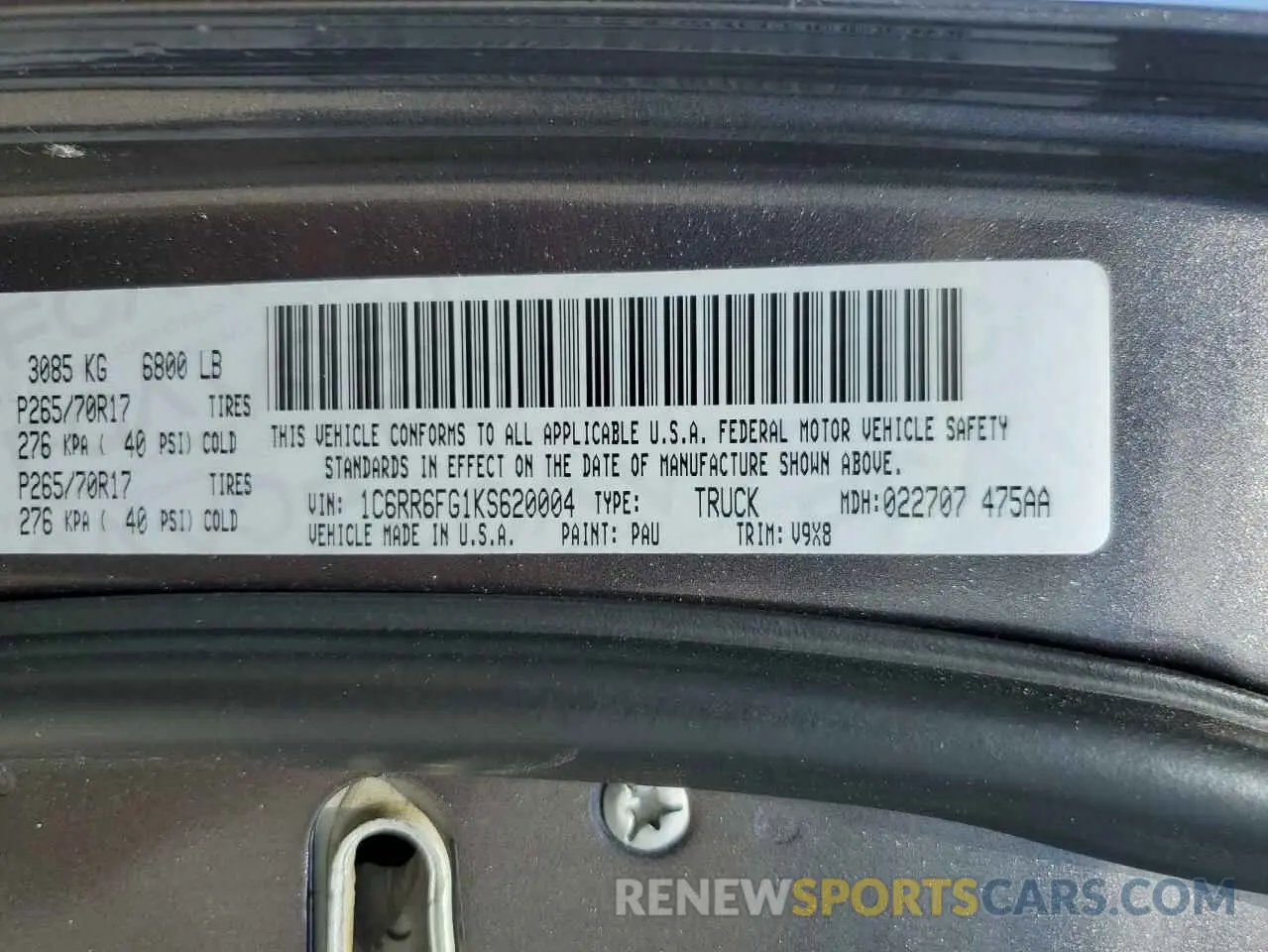12 Photograph of a damaged car 1C6RR6FG1KS620004 RAM 1500 2019