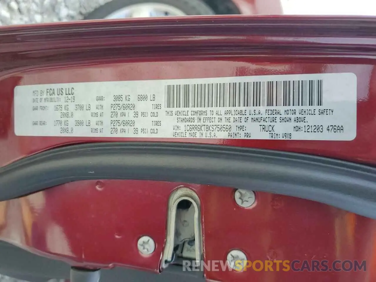 13 Photograph of a damaged car 1C6RR6KT8KS750560 RAM 1500 2019