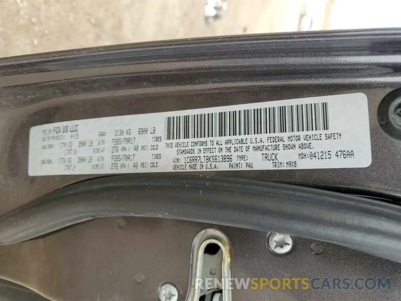 13 Photograph of a damaged car 1C6RR7LT8KS613896 RAM 1500 2019
