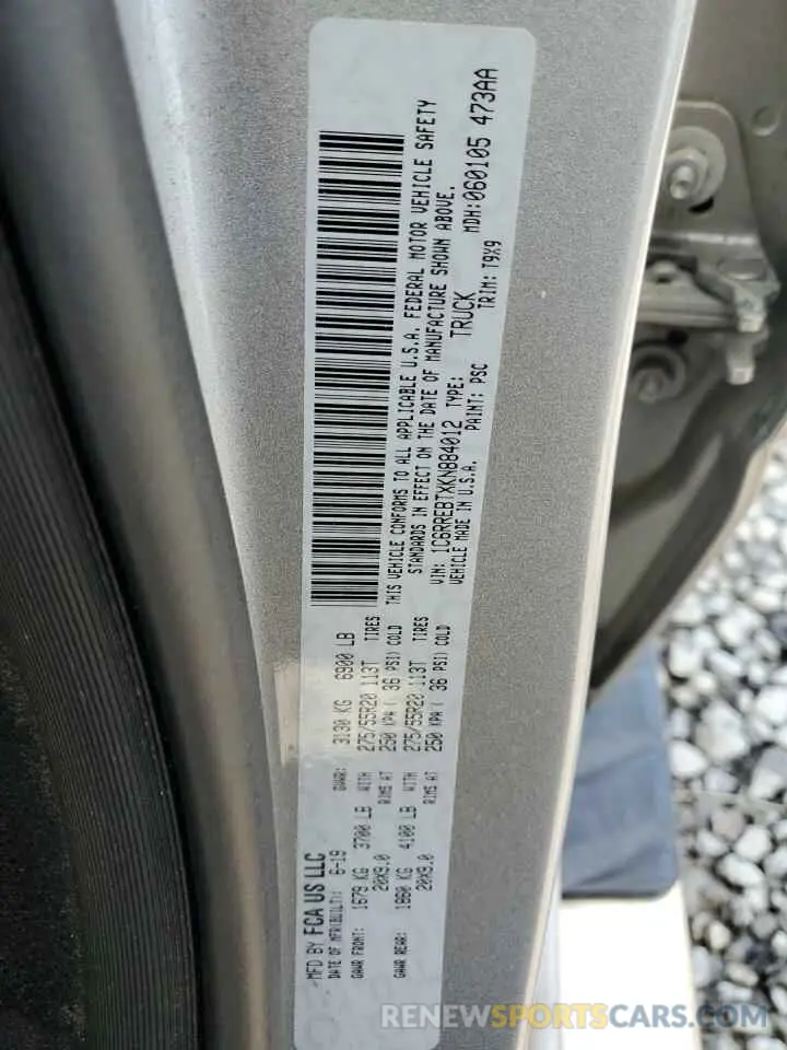 12 Photograph of a damaged car 1C6RREBTXKN884012 RAM 1500 2019