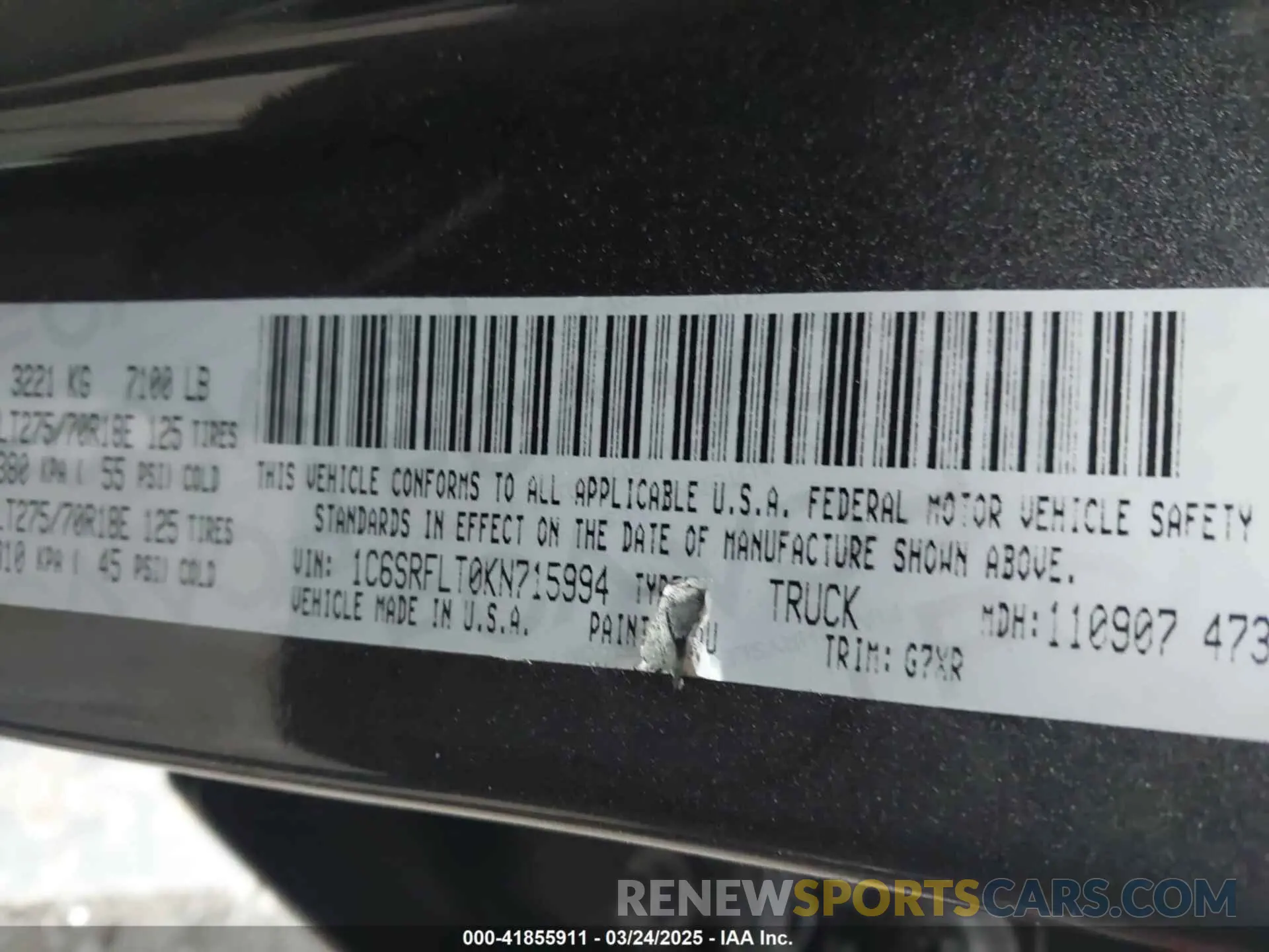 9 Photograph of a damaged car 1C6SRFLT0KN715994 RAM 1500 2019