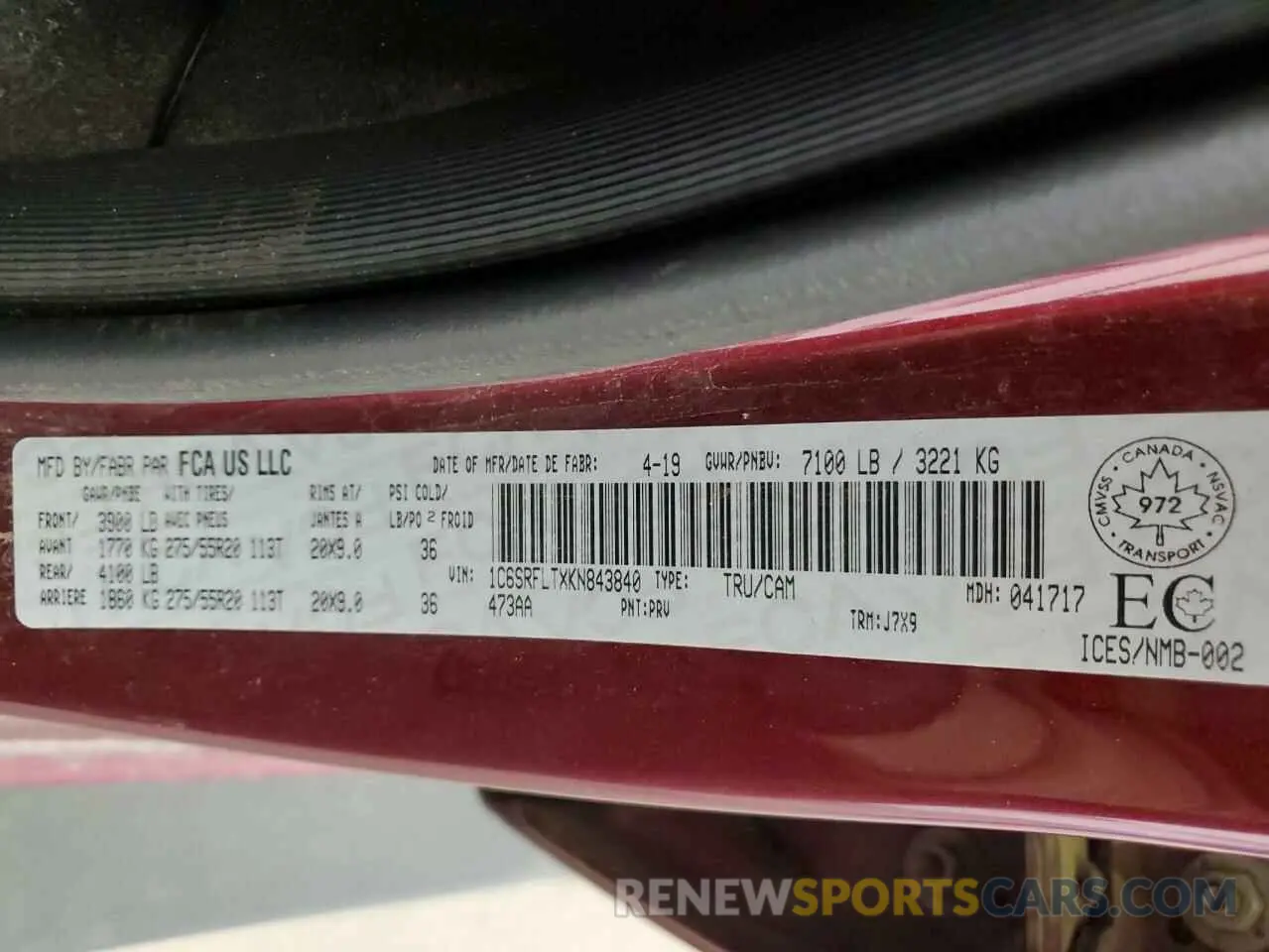 13 Photograph of a damaged car 1C6SRFLTXKN843840 RAM 1500 2019
