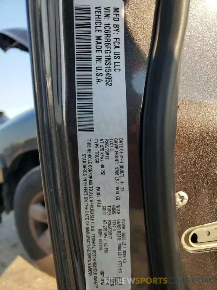 12 Photograph of a damaged car 1C6RR6FG1NS154952 RAM 1500 2022