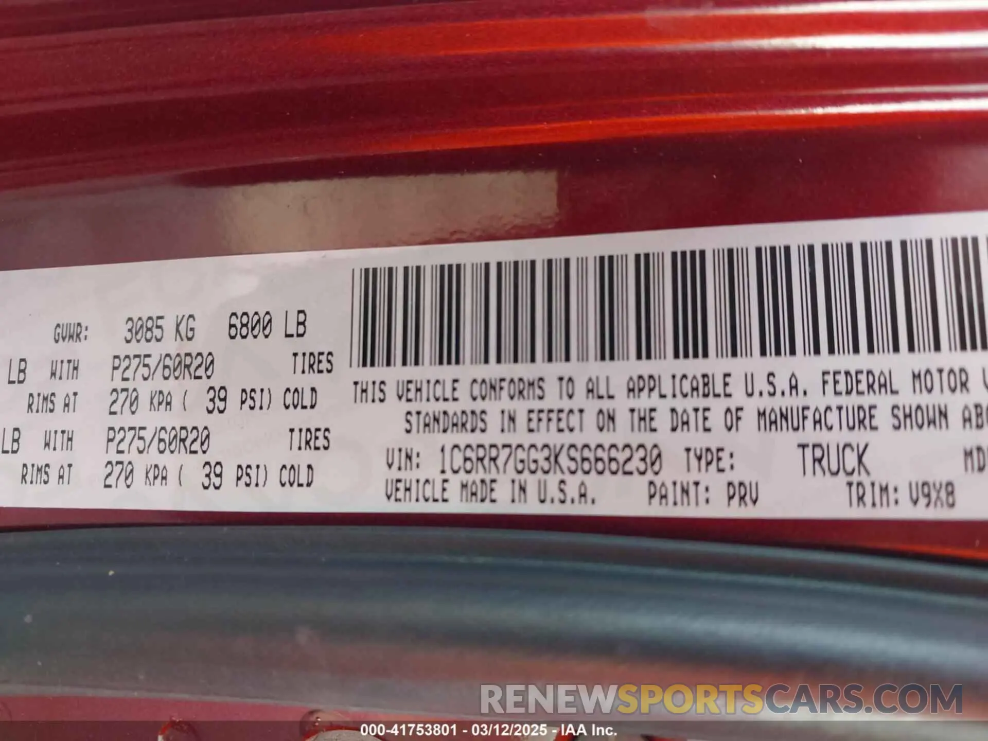 9 Photograph of a damaged car 1C6RR7GG3KS666230 RAM 1500 CLASSIC 2019